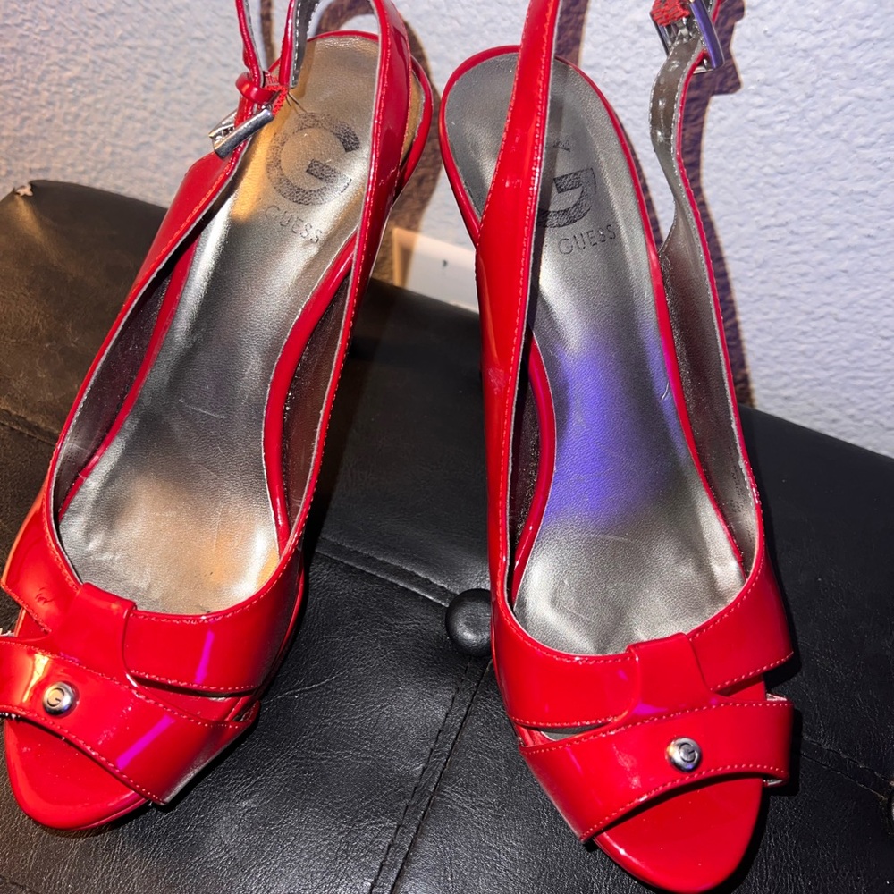 GUESS Red Patent Peep-Toe Slingback Heels